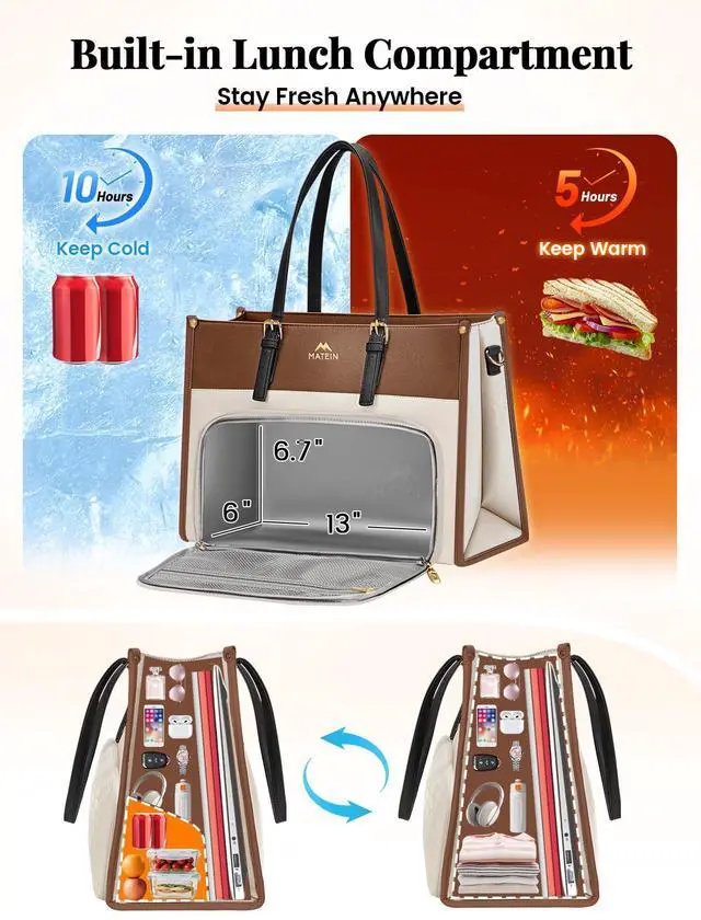 Alt view image 3 of 5 - MATEIN Laptop Tote Bag with Insulated Lunch Compartment for Women, PU Leather 2 in1 Work Briefcase with Clutch Fits 15.6 Inch Laptop, Convertible Professional Shoulder Bag for Office Business, 2 Sets