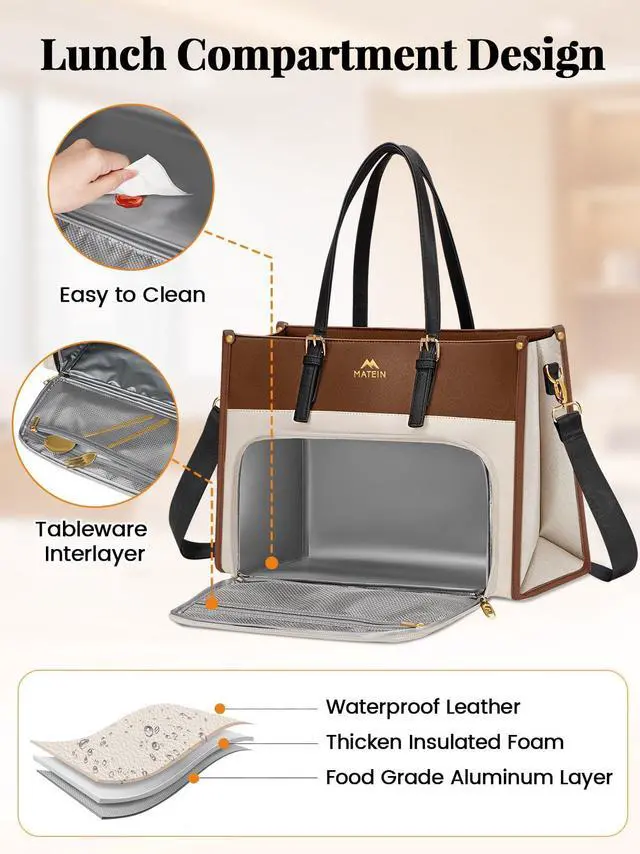 Alt view image 4 of 5 - MATEIN Laptop Tote Bag with Insulated Lunch Compartment for Women, PU Leather 2 in1 Work Briefcase with Clutch Fits 15.6 Inch Laptop, Convertible Professional Shoulder Bag for Office Business, 2 Sets