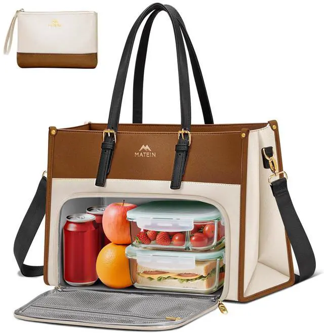 Main image of MATEIN Laptop Tote Bag with Insulated Lunch Compartment for Women, PU Leather 2 in1 Work Briefcase with Clutch Fits 15.6 Inch Laptop, Convertible Professional Shoulder Bag for Office Business, 2 Sets