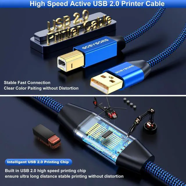 Alt view image 2 of 5 - GOSYSONG 75ft USB 2.0 Printer Cable, High Speed USB A to USB B Printer Cord Compatible with Printers, Scanners,Keyboard (Blue)