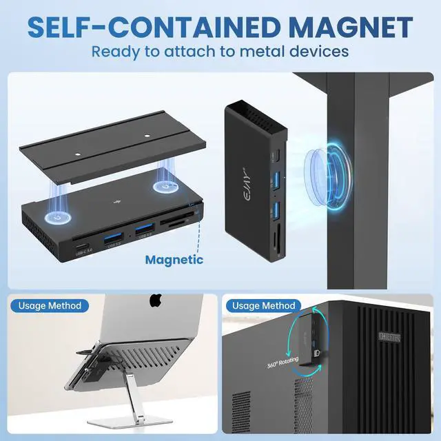 Alt view image 2 of 5 - EJAY 5-in-1 Magnetic USB 3.0 Hub with SD/TF Card Reader, 2 USB-A + 1 USB-C Ports, Includes 2 Packs Sliding Rail, Screws & Sticky Pads for MacBook Laptop PC