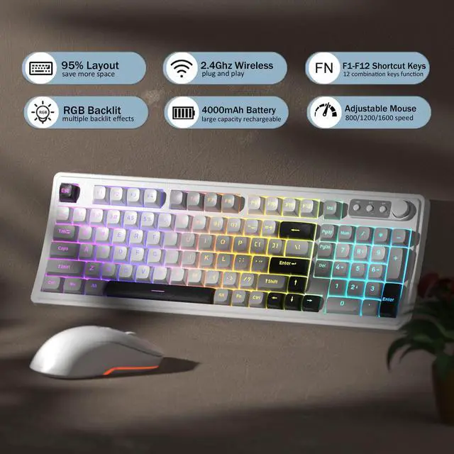Alt view image 3 of 5 - MageGee V990 Creamy Wireless Keyboard and Mouse Combo, 99 Keys RGB Backlit Rechargeable Quiet Gaming Keyboard, Adjustable Optical Mouse, with Number Pad, Keyboards Set for Desktop, Laptop, PC(White)