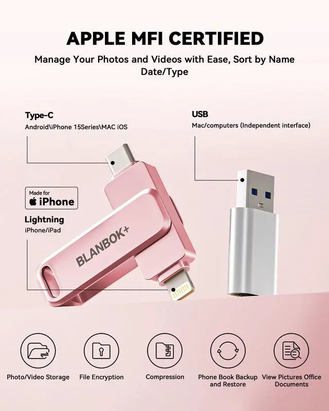 Alt view image 2 of 5 - MFi Certified 256GB Flash Drive for iPhone Photo Stick, USB Thumb Drive Memory Stick High Speed USB Drive Photo Storage for iPhone Flash Drive Compatible for iPhone/iPad/Android/PC (Pink)