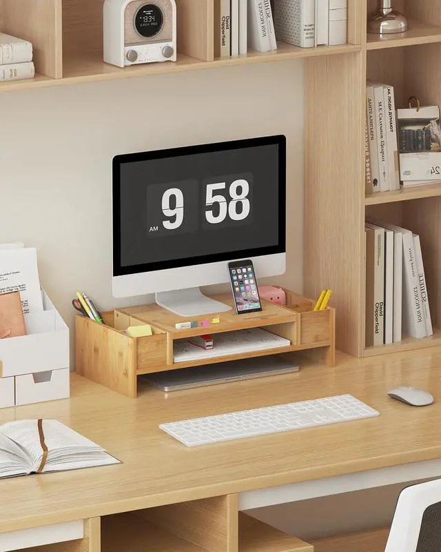 Alt view image 2 of 5 - Ufine Bamboo Monitor Stand with Storage Compartments Ergonomic Computer Laptop Riser Small Space Organizer for Home Office