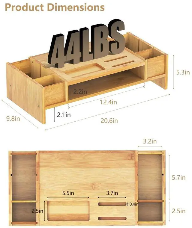 Alt view image 3 of 5 - Ufine Bamboo Monitor Stand with Storage Compartments Ergonomic Computer Laptop Riser Small Space Organizer for Home Office