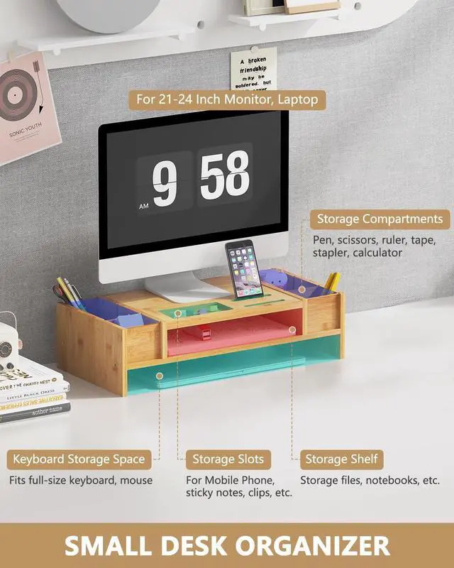 Alt view image 4 of 5 - Ufine Bamboo Monitor Stand with Storage Compartments Ergonomic Computer Laptop Riser Small Space Organizer for Home Office