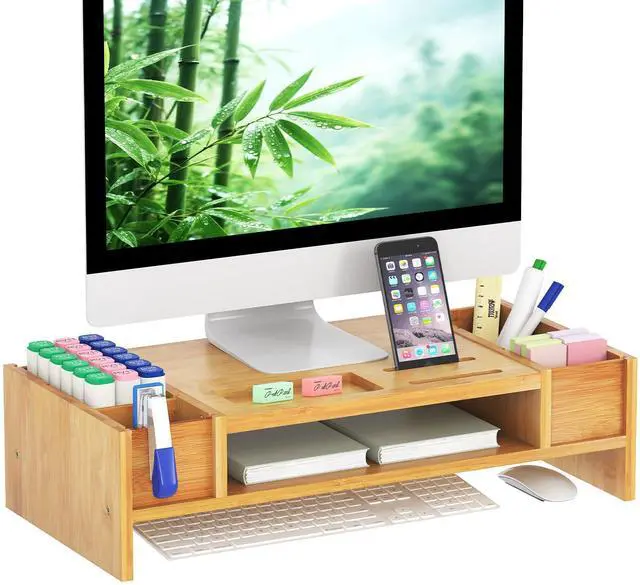 Main image of Ufine Bamboo Monitor Stand with Storage Compartments Ergonomic Computer Laptop Riser Small Space Organizer for Home Office