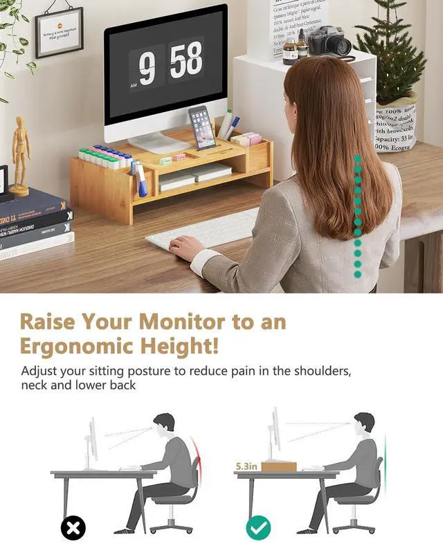 Alt view image 5 of 5 - Ufine Bamboo Monitor Stand with Storage Compartments Ergonomic Computer Laptop Riser Small Space Organizer for Home Office