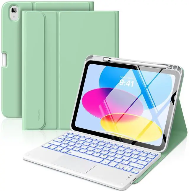 Main image of MoKo Touch Keyboard Case for iPad (A16) 11th Generation 11 inch 2025, iPad 10th Generation 10.9 inch Case with Pencil Holder, 7 Colors Backlit Multi-TrackPad Detachable Bluetooth Keyboard, Green