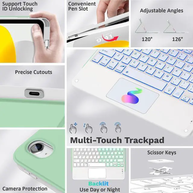 Alt view image 3 of 5 - MoKo Touch Keyboard Case for iPad (A16) 11th Generation 11 inch 2025, iPad 10th Generation 10.9 inch Case with Pencil Holder, 7 Colors Backlit Multi-TrackPad Detachable Bluetooth Keyboard, Green