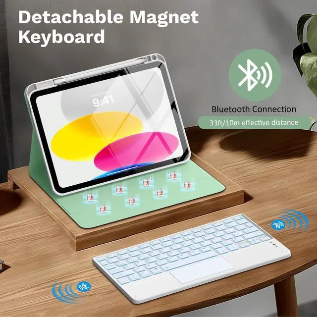 Alt view image 4 of 5 - MoKo Touch Keyboard Case for iPad (A16) 11th Generation 11 inch 2025, iPad 10th Generation 10.9 inch Case with Pencil Holder, 7 Colors Backlit Multi-TrackPad Detachable Bluetooth Keyboard, Green