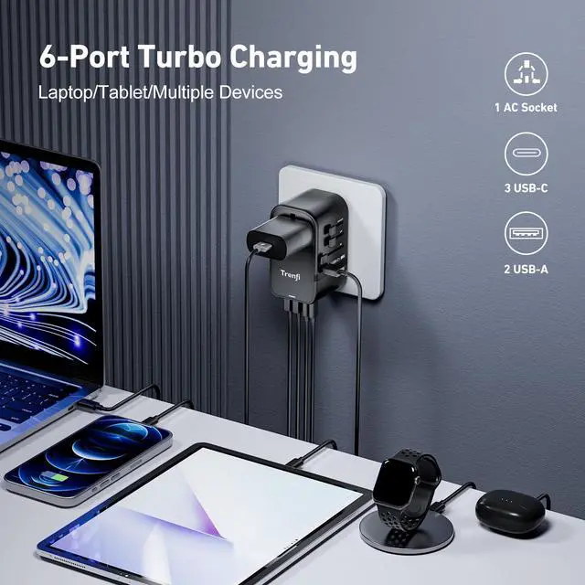 Alt view image 3 of 5 - TRENFI 100W GaN+ Universal Travel Adapter, All-in-One USB-C PD Fast Charging Hub (3C/2A/AC) | International Plug (US/UK/EU/AU) for Laptops, MacBook Pro/Air, iPhone, iPad