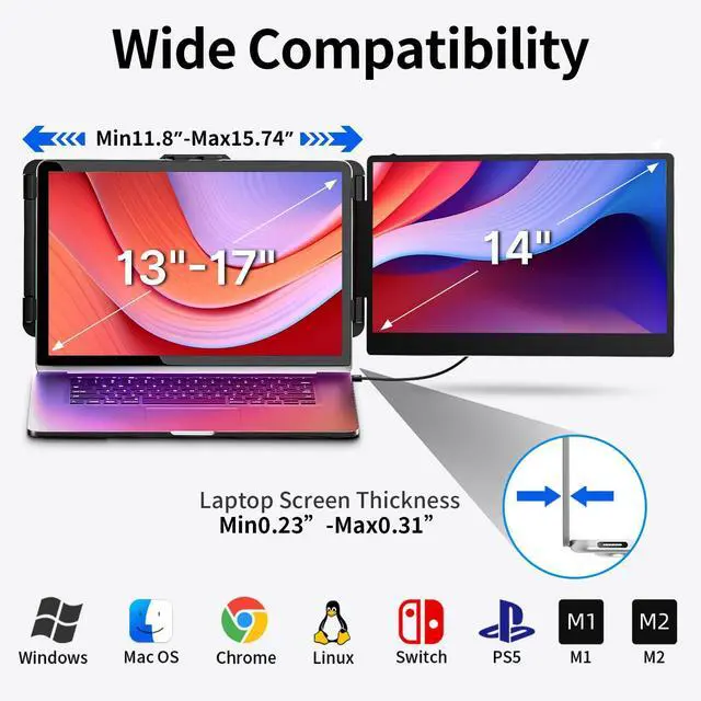 Alt view image 4 of 5 - WNZO Laptop Screen Extender 14" FHD IPS Portable Travel Monitor for Laptop, Second Screen for 13"-17" Laptops, Plug & Play for Trip/Remote Work, Compatible with Windows/Mac/Android/Chrome