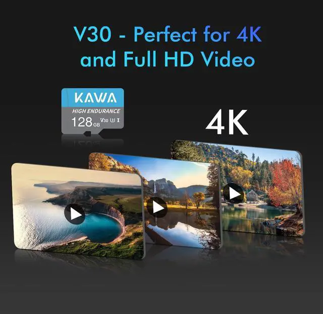 Alt view image 2 of 5 - KAWA 128GB Micro SD Card, High Endurance Video Monitoring Card, microSDXC Flash Memory Card, A1, U3, Class10, V30, High Speed TF Card for DashCam, Security Camera, Phones, Tablets, Drones