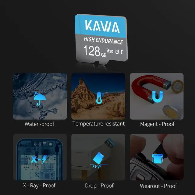 Alt view image 5 of 5 - KAWA 128GB Micro SD Card, High Endurance Video Monitoring Card, microSDXC Flash Memory Card, A1, U3, Class10, V30, High Speed TF Card for DashCam, Security Camera, Phones, Tablets, Drones