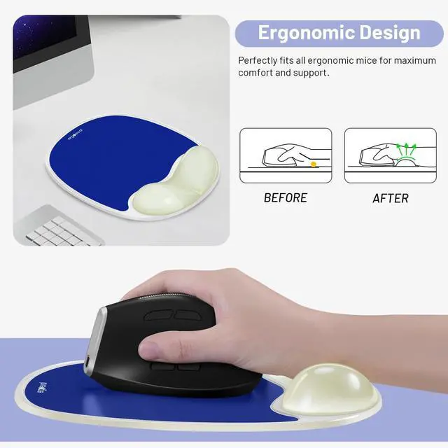 Alt view image 3 of 5 - ErgoEvol Ergonomic Mouse Pad with Wrist Rest & Elbow Support, Soft Silicone Gel Cushion, Non-Slip Base, Glow-in-The-Dark, Compatible with Vertical Ergonomic Mouse for Office & Gaming (Blue)