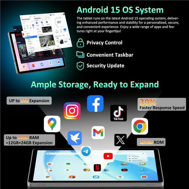 Alt view image 3 of 5 - WITFOCUS Tablet Android 15 Tablet, 11 Inch 2K FHD Display Tablets, 36GB RAM 256GB ROM, Octa-Core T615, 2-in-1 with Keyboard, 8000mAh,5G WiFi & 16MP Camera, Widevine L1 Netflix HD for Streaming Gray