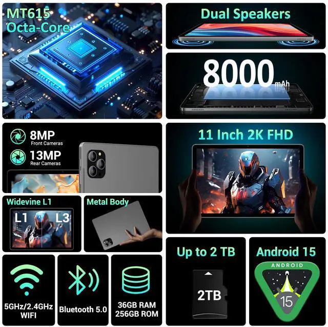 Alt view image 2 of 5 - WITFOCUS Tablet Android 15 Tablet, 11 Inch 2K FHD Display Tablets, 36GB RAM 256GB ROM, Octa-Core T615, 2-in-1 with Keyboard, 8000mAh,5G WiFi & 16MP Camera, Widevine L1 Netflix HD for Streaming Gray