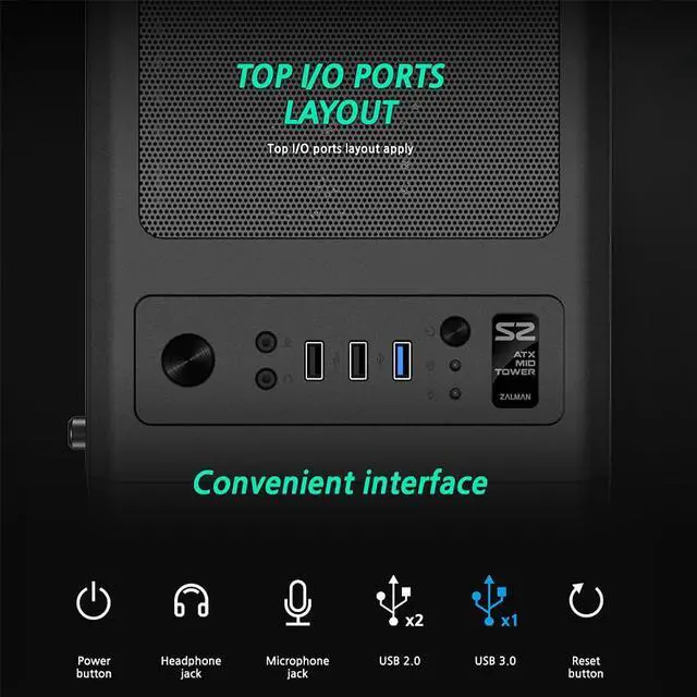 Alt view image 5 of 5 - Zalman S2 TG ATX Mid-Tower PC Case, 3 x Pre-Installed 120mm Zalman Quiet Fans (Support up to 8 Fans), High Airflow Mesh Front Panel, Full Tempered Glass Side Panel, Support GPUs up to 330mm, USB 3.0