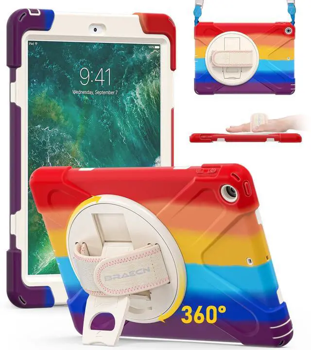 Main image of BRAECN for iPad 9.7 Case Kids, iPad 6th/5th Generation Cases, Heavy Duty Rugged Kids Case with Hand Strap Kickstand Pencil Holder Shoulder Strap for Apple iPad 9.7 Inch A1893/A1954/A1822/A1823-Rainbow