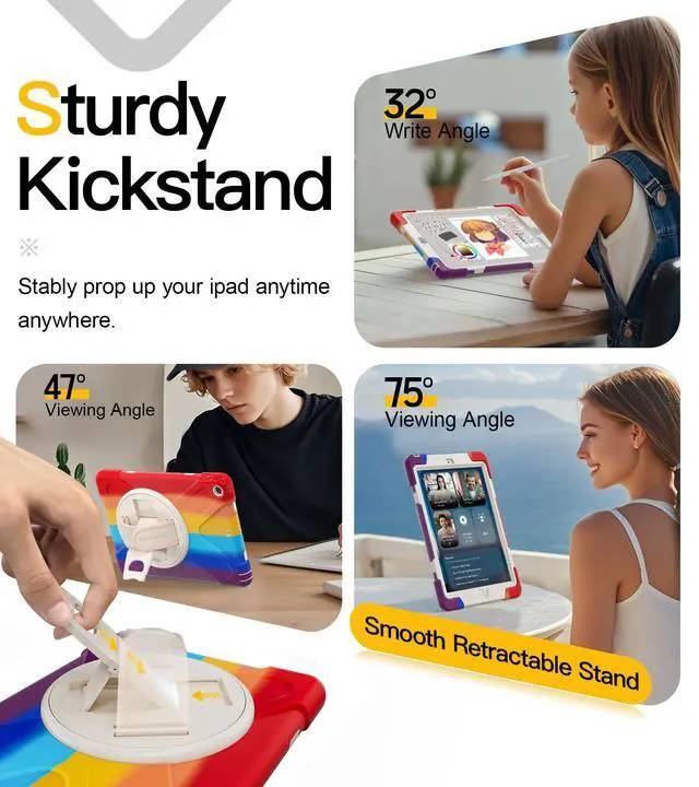 Alt view image 3 of 5 - BRAECN for iPad 9.7 Case Kids, iPad 6th/5th Generation Cases, Heavy Duty Rugged Kids Case with Hand Strap Kickstand Pencil Holder Shoulder Strap for Apple iPad 9.7 Inch A1893/A1954/A1822/A1823-Rainbow