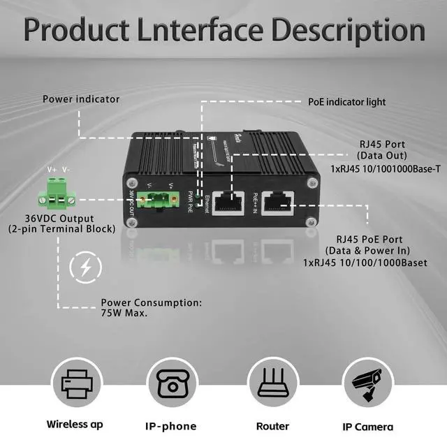 Alt view image 3 of 5 - Industrial Gigabit PoE++ Splitter 10/100/1000Mbps IEEE802.3bt PoE++ Ethernet Splitter Maximum Output of 70W 36VDC for Non-PoE Devices (95W PoE Splitter)
