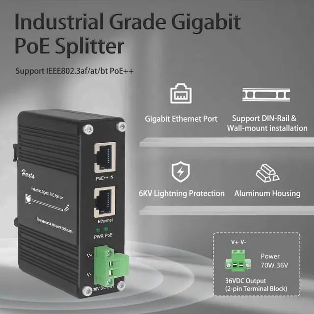 Alt view image 5 of 5 - Industrial Gigabit PoE++ Splitter 10/100/1000Mbps IEEE802.3bt PoE++ Ethernet Splitter Maximum Output of 70W 36VDC for Non-PoE Devices (95W PoE Splitter)