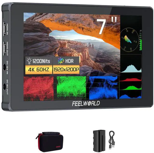 Main image of FEELWORLD F7 Plus 7-Inch On Camera Field Monitor Bundle with 6600mAh Battery&Case, 1920x1200P FHD 1200nit High Bright HDR Touch Screen, HDMI 2.0 4K 60Hz in/Out, Peaking Focus 3D Lut F970 Install Kit