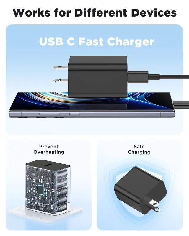 Alt view image 3 of 5 - 3Pack 45W Super Fast Charger Type C 10FT, USB C Android Phone Charger Fast Charging Block with Ertra Long Type-C Charger Cord for Samsung Galaxy S25/S25 Ultra/S25+/S24 Ultra/S24/S24+/S23/S22/S21/S20