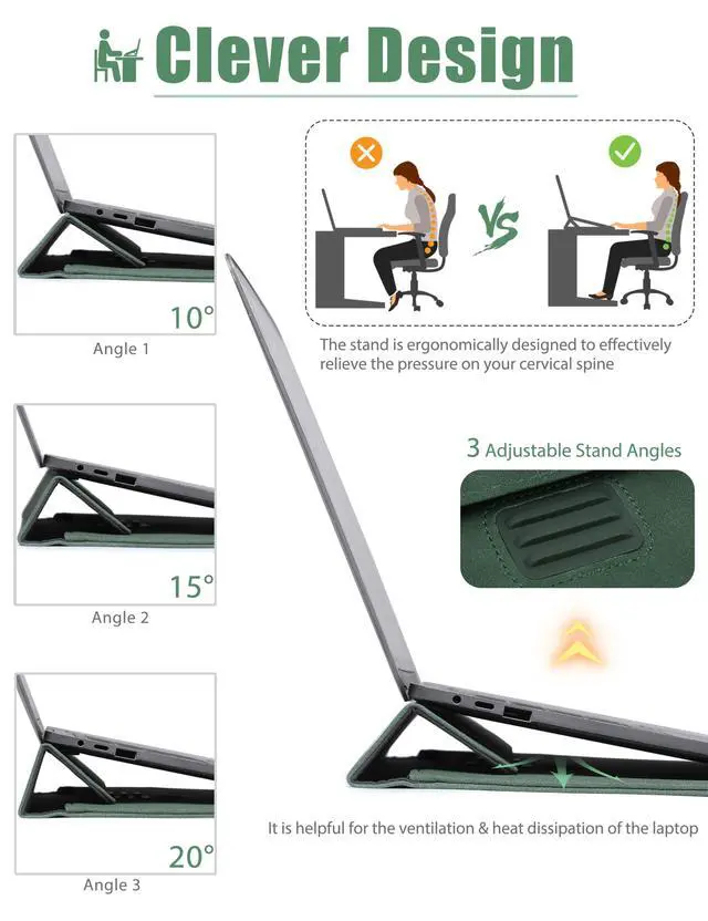 Alt view image 2 of 5 - HYZUO 15-16 Inch Laptop Sleeve Bag with Adjustable Stand Feature for MacBook Pro 16 M4/M3/M2/M1 2025-2019, XPS 15, MacBook Pro 15 2015-2012, Case with Pouch, Midnight Green