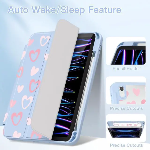 Alt view image 3 of 5 - Teryeefi Case for iPad (A16) 11th Generation 11 inch (2025) & iPad 10th Generation 10.9 inch (2022) with Pencil Holder-[Auto Wake/Sleep] Premium Stand Case with Clear Back Cover, Heart Blue