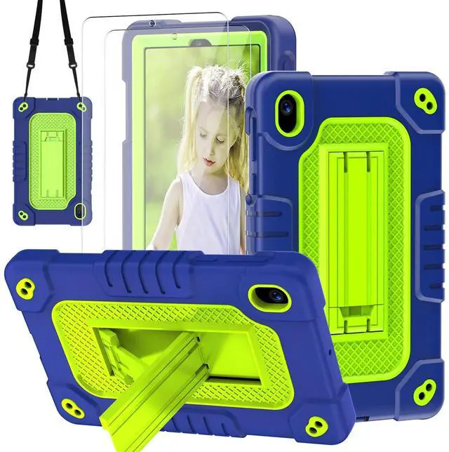 Main image of JBuwsdan for Walmart Onn 7 inch Tablet 2024 Model 100135924 Kids Friendly Soft Silicone Hard Back Hybrid Cover & Adjustable Shoulder Strap Kickstand + 2Pcs Screen Protector (Navygreen+2Pcs)