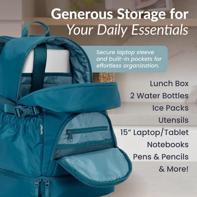 Alt view image 3 of 5 - Bentgo 2-in-1 Adult Backpack & Insulated Lunch Bag  Lightweight, Water-Resistant Travel Backpack with 9 Compartments, Laptop Sleeve & Trolley Sleeve for Work & Everyday Use (Deep Teal)
