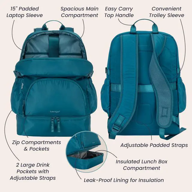 Alt view image 5 of 5 - Bentgo 2-in-1 Adult Backpack & Insulated Lunch Bag  Lightweight, Water-Resistant Travel Backpack with 9 Compartments, Laptop Sleeve & Trolley Sleeve for Work & Everyday Use (Deep Teal)