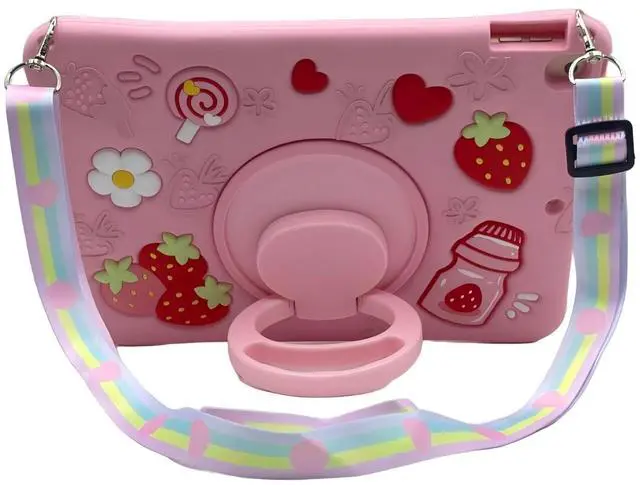 Alt view image 3 of 5 - IPad 9th 8th 7th Generation Case 10.2 inch for Girls Women, UFAINEI Cute Kawaii 3D Cartoon Strawberry Girly Silicone Case Cover for 10.2&10.5 inch with Rotating Stand&Shoulder Strap-Pink