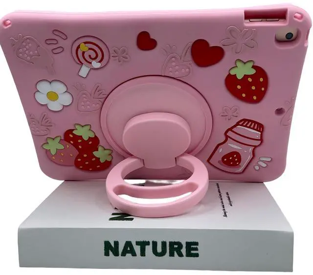 Alt view image 5 of 5 - IPad 9th 8th 7th Generation Case 10.2 inch for Girls Women, UFAINEI Cute Kawaii 3D Cartoon Strawberry Girly Silicone Case Cover for 10.2&10.5 inch with Rotating Stand&Shoulder Strap-Pink