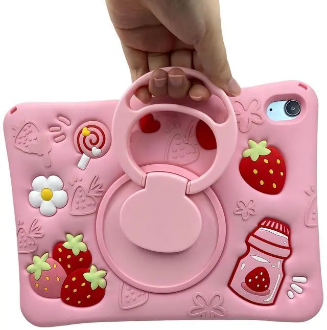 Alt view image 4 of 5 - IPad 9th 8th 7th Generation Case 10.2 inch for Girls Women, UFAINEI Cute Kawaii 3D Cartoon Strawberry Girly Silicone Case Cover for 10.2&10.5 inch with Rotating Stand&Shoulder Strap-Pink