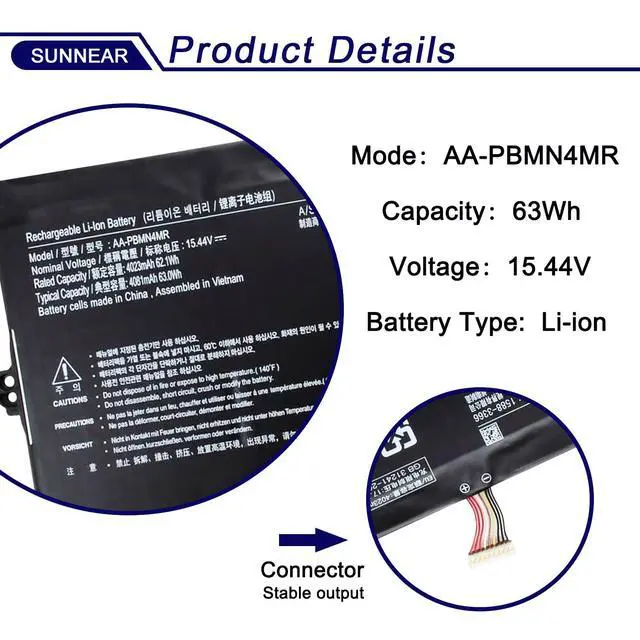 Alt view image 2 of 5 - SUNNEAR AA-PBMN4MR 63Wh Laptop Battery Replacement for Samsung Galaxy Book Pro 360 13 NP930XDB NP935XDB NP930XED NP930XDB-KD NP930XDB-KF Book2 Pro NP930XED 15.44V 4081mAh