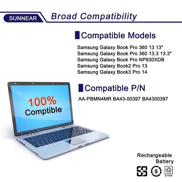 Alt view image 5 of 5 - SUNNEAR AA-PBMN4MR 63Wh Laptop Battery Replacement for Samsung Galaxy Book Pro 360 13 NP930XDB NP935XDB NP930XED NP930XDB-KD NP930XDB-KF Book2 Pro NP930XED 15.44V 4081mAh