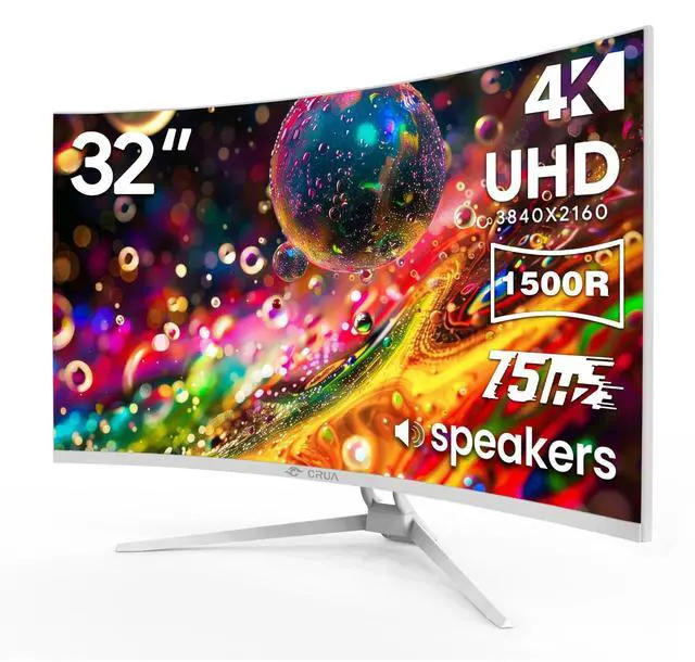 Main image of CRUA 32" White Curved Monitor, 4K UHD(3840*2160P) 1500R VA Screen, 75Hz Computer Monitor Supports AMD Freesync, 120% sRGB, Built-in speakers, Blue Light Filter,Wall Mountable Installs(HDMI 2.0/DP 1.4)