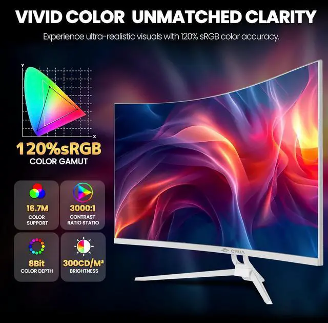Alt view image 4 of 5 - CRUA 32" White Curved Monitor, 4K UHD(3840*2160P) 1500R VA Screen, 75Hz Computer Monitor Supports AMD Freesync, 120% sRGB, Built-in speakers, Blue Light Filter,Wall Mountable Installs(HDMI 2.0/DP 1.4)