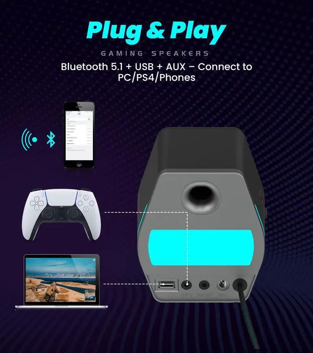 Alt view image 3 of 5 - Edifier G2000 RGB Gaming Speakers, 32W Peak Power, Compact Design for PC/PS4/Desktop, Bluetooth 5.1, 3.5mm AUX, Game/Movie/Music Modes, 12 RGB Lighting Effects - White