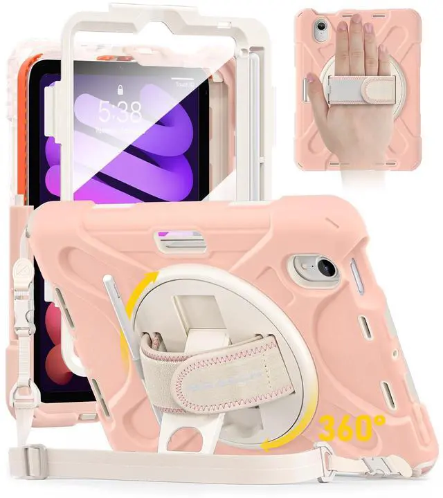 Main image of BRAECN for iPad mini 7 (A17 Pro) 2024/Mini 6 2021 Case 8.3 Inch Heavy Duty Screen Protector Full Body Protective Shockproof Pencil Holder 360°Rotating Stand Handle & Shoulder Strap Kids-Friendly