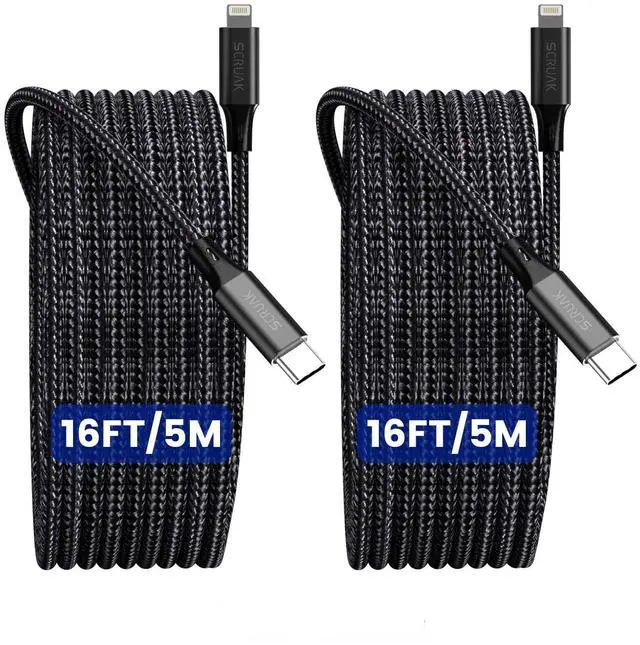 Main image of 16FT Extra Long iPhone Charger Cord, 2-Pack SCRUAK [MFi Certified] 16 Ft USB C to Lightning Cable Fast Charging Nylon Braided iPhone Charger Cable for iPhone 14/14 Pro/14 Pro Max/13/12, iPad, AirPods.