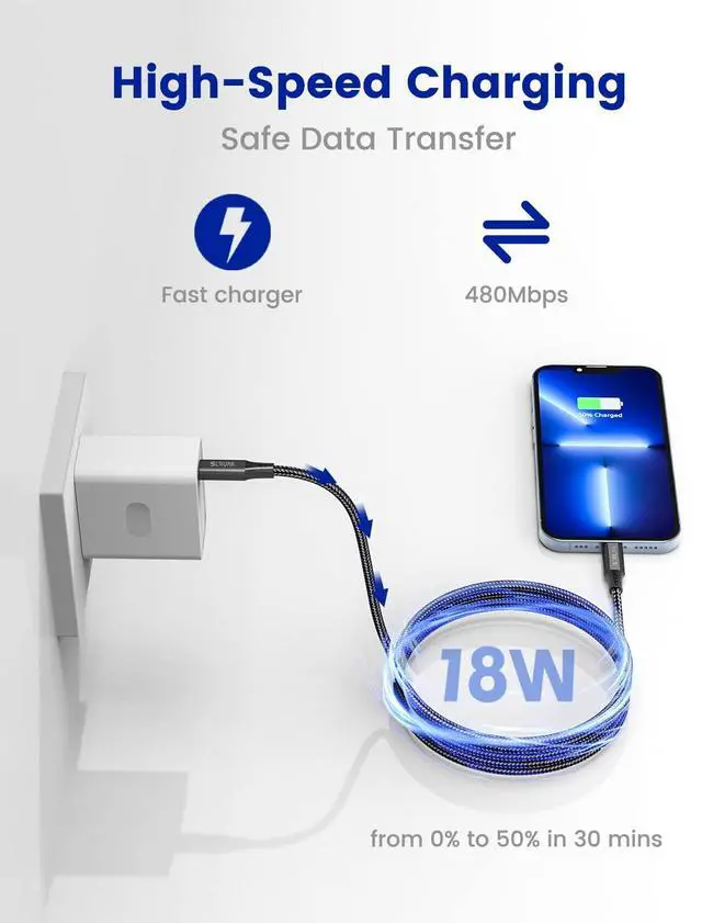 Alt view image 2 of 5 - 16FT Extra Long iPhone Charger Cord, 2-Pack SCRUAK [MFi Certified] 16 Ft USB C to Lightning Cable Fast Charging Nylon Braided iPhone Charger Cable for iPhone 14/14 Pro/14 Pro Max/13/12, iPad, AirPods.