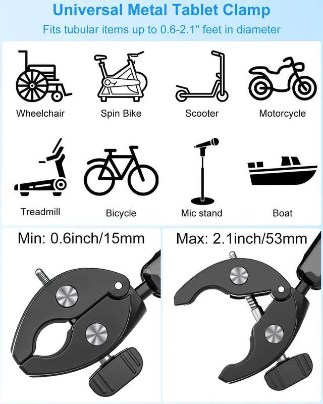 Alt view image 2 of 5 - Kolasels Metal Tablet Holder for Wheelchair Pole, Boat Helm, Stroller, Bike, Golf Cart, Mic Stand, Motorcycle, Bicycle Handlebar Clamp for iPad Pro 12.9, Air, Mini, Galaxy Tab, 4-13" Tablets & Phones