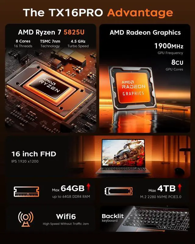 Alt view image 2 of 5 - KAIGERR Gaming Laptop, 16.0inch Laptop Computer with MD Ryzen 7 5825U(8C/16T, Up to 4.5GHz), 16GB RAM 512GB NVMe SSD Windows 11 Laptop, Radeon RX Vega 8 Graphics,WiFi 6, Backlit KB