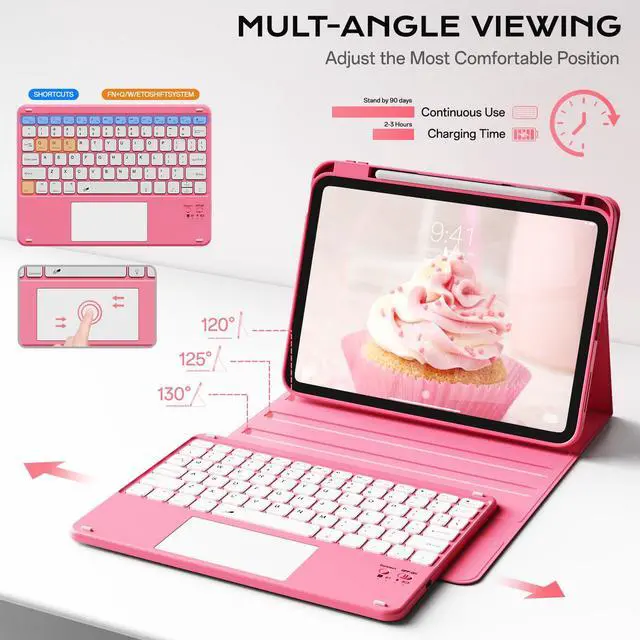 Alt view image 4 of 5 - JKSML Case for iPad 10th/11th (A16) Gen with 7 Colors Backlight Touchpad Keyboard and Pencil Holder, Detachable Wireless Bluetooth Trackpad Keyboard, Rose Pink