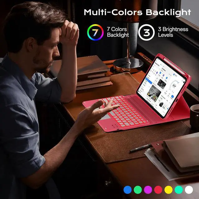 Alt view image 3 of 5 - JKSML Case for iPad 10th/11th (A16) Gen with 7 Colors Backlight Touchpad Keyboard and Pencil Holder, Detachable Wireless Bluetooth Trackpad Keyboard, Rose Pink