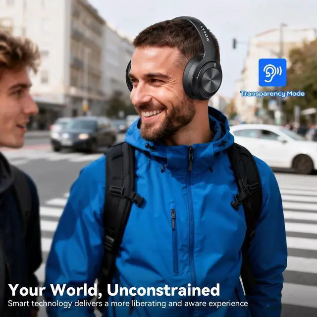 Alt view image 4 of 5 - Hybrid Active Noise Cancelling Headphones, Wireless Bluetooth Headphones with Hi-Res Audio, Deep Bass, Transparent Mode, 70H Playtime Over Ear Bluetooth Headset with Fast Charging for Travel/Office/PC